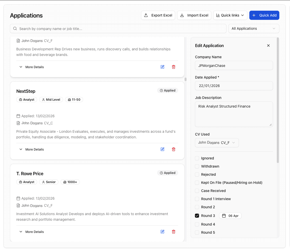 Qwoca application tracking table